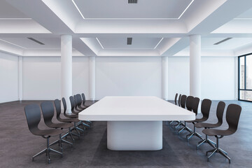 Bright meeting room interior with columns, furniture and panoramic city view. 3D Rendering.