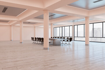 Modern meeting room interior with columns, wooden flooring, furniture and panoramic city view. 3D Rendering.