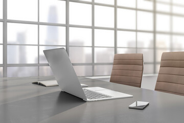 Close up of contemporary designer office interior with laptop, smartphone, book and window with city view. 3D Rendering.