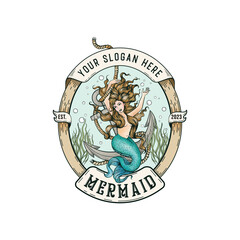 Mermaid logo with a banner for a custom vector design