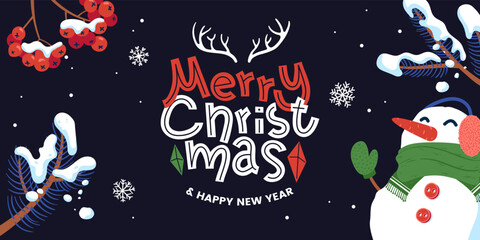 Merry Christmas horizontal banner design with lettering and winter decoration elements. Christmas greeting card in cartoon style. Winter holidays background. Vector illustration.