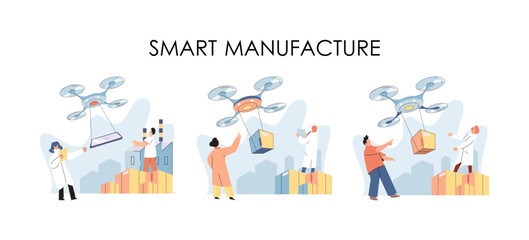 Smart logistics technology metaphor. Idea of modern transportation and distribution. People using copter delivery. Technical and science innovation. Automation and development of delivery process