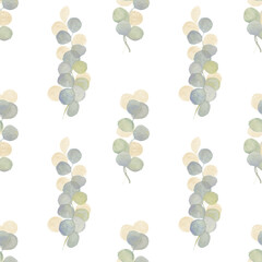 Seamless watercolor floral pattern - a composition of golden and green leaves and branches of eucalyptus. Perfect for wrappers, wallpapers, postcards, greeting cards, wedding invitations