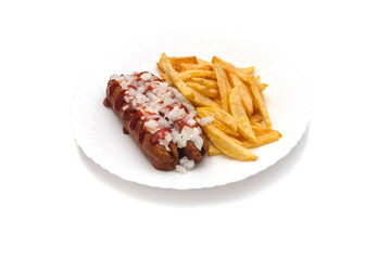 Frikadel with ketchup, mayonnaise on chopped onions, a Dutch fast food snack called 