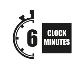 6 Minutes timers clock. Time measure digital. Chronometer vector icon black isolated on white background.