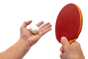 Ping pong racket, isolated on white background. Table tennis (also known as ping-pong or table tennis) is a racket sport played between two players or two pairs (doubles).
