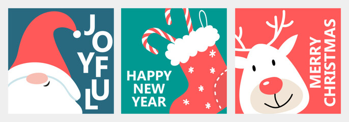 Merry Christmas and Happy New Year. A set of greeting cards or banners with a printing house. A dwarf, a Christmas sock and a deer on a bright background. Minimal poster, template for social networks.