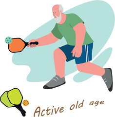 Elderly people lead an active lifestyle. Old man goes in for sports plays pickleball. Active old age vector illustration