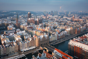 Beautiful scenery of the Main Town in Gdansk at snowy winter, Poland