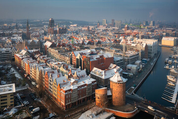 Beautiful scenery of the Main Town in Gdansk at snowy winter, Poland