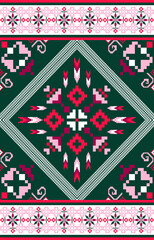 Ethnic vertical geometric seamless pattern. Oriental cross stitch embroidery. Pink and green version. Abstract design for carpet, texture, fabric, clothing, wrapping, wallpaper, pillow, and print.