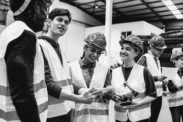 Multiracial engineers working inside automation and robotics facility - New industrial technology concept - Focus on senior woman hardhat - Black and white editing