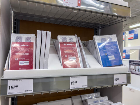 Seattle, WA USA - circa October 2022: Close up view of tax form envelopes for sale inside a Staples store.