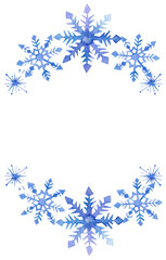 Blue snowflakes watercolor border, snowflakes arrangement, New Year ,Christmas, Winter holidays party, wedding, birthday  invitations graphic asset, 600 dpi PNG with transparent background 