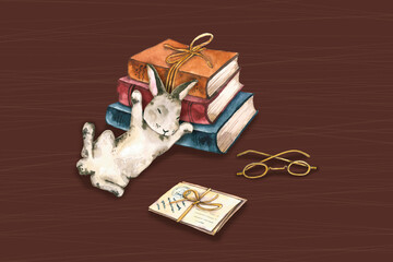 Watercolor rabbit with books, postcards, glasses. Hand drawn illustration. Cute card with symbol of 2023 year is perfect for children design, kids wallpaper, baby poster, greeting card