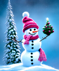 Obraz premium cute little snowman with a knitted hat, christmas atmosphere, new year postcard
