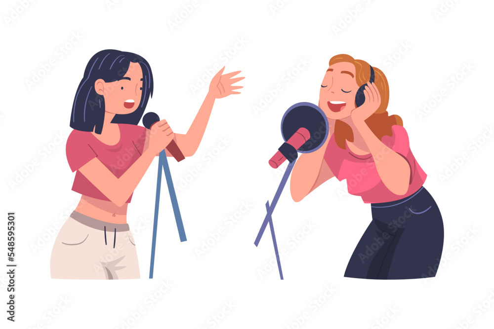 Poster woman singer and musician with microphone performing music on stage vector set