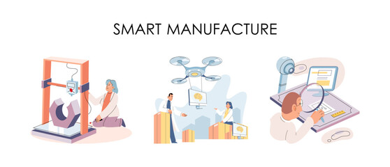 Smart manufacture, automation development metaphor. Innovative smart industry product design, manufacturing process, automated production line, delivery and distribution robots machinery industry 4.0