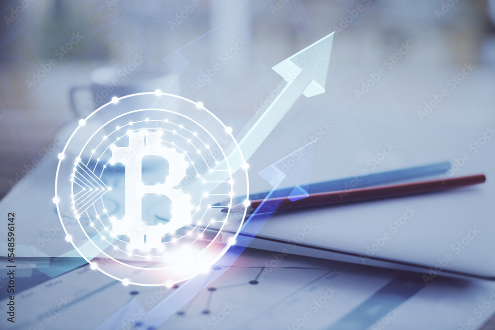 Poster double exposure of blockchain and crypto economy theme hologram and table with computer background. 
