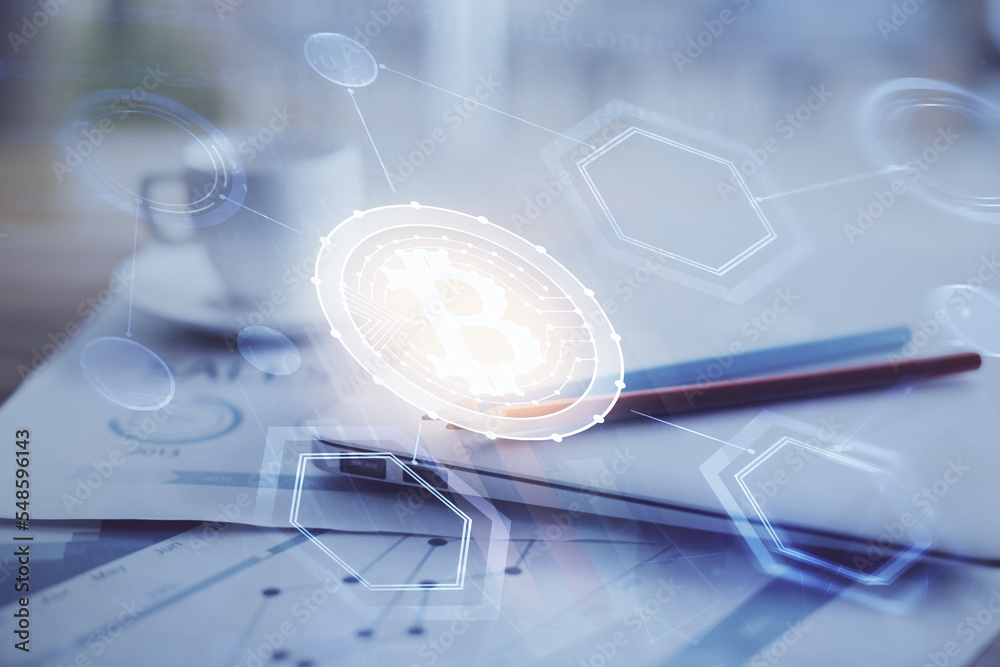 Aufkleber Double exposure of blockchain and crypto economy theme hologram and table with computer background. Concept of bitcoin cryptocurrency.