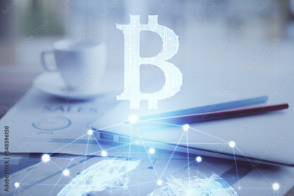 Aufkleber Double exposure of blockchain and crypto economy theme hologram and table with computer background. Concept of bitcoin cryptocurrency.