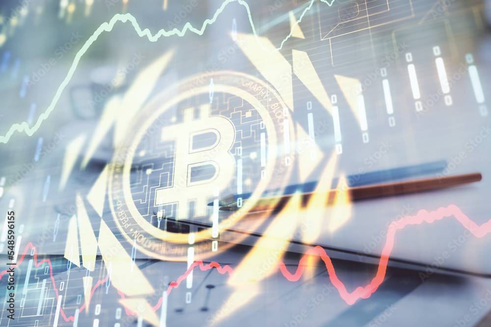 Aufkleber Double exposure of blockchain and crypto economy theme hologram and table with computer background. Concept of bitcoin cryptocurrency.