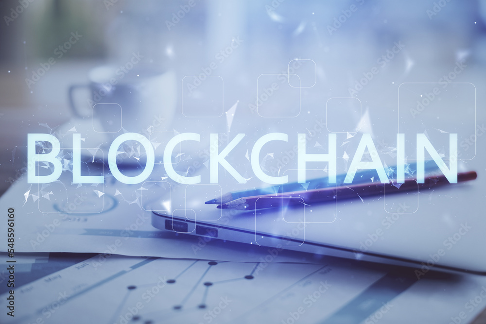 Poster Double exposure of blockchain and crypto economy theme hologram and table with computer background. Concept of bitcoin cryptocurrency.