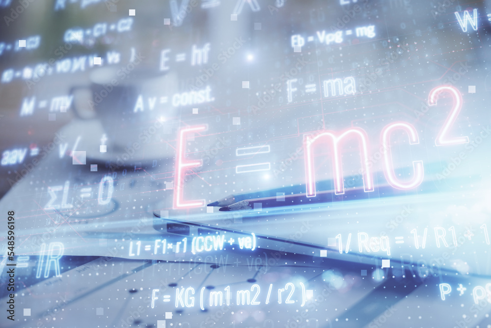 Poster desktop computer background and formula hologram writing. double exposure. education concept.