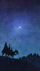  The Three Kings - also known as the Magi or Wise Men follow the Star of Bethlehem to visit the baby Jesus bearing gifts. Tall format, poster size.