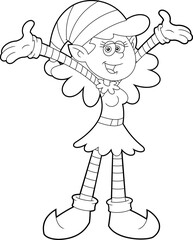 Outlined Santa's Little Female Elf Helper Cartoon Character With Open Arms For Hugging. Vector Hand Drawn Illustration Isolated On Transparent Background