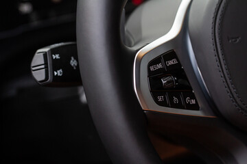 Cruise control switch closeup. Adaptive cruise control leaver. Cruise control on steering wheel.
