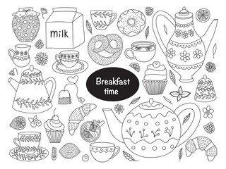 Vector tea ceremony hand drawn set. Tea collection vector doodle set. Teapot, cup, flowers, desserts, jam and croissant isolated