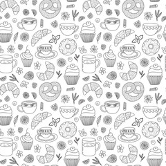 Vector breakfast time seamless pattern. Hand drawn tea and desserts doodle background