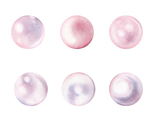 Pearl set watercolor shiny natural sea nacreous isolated on white background.