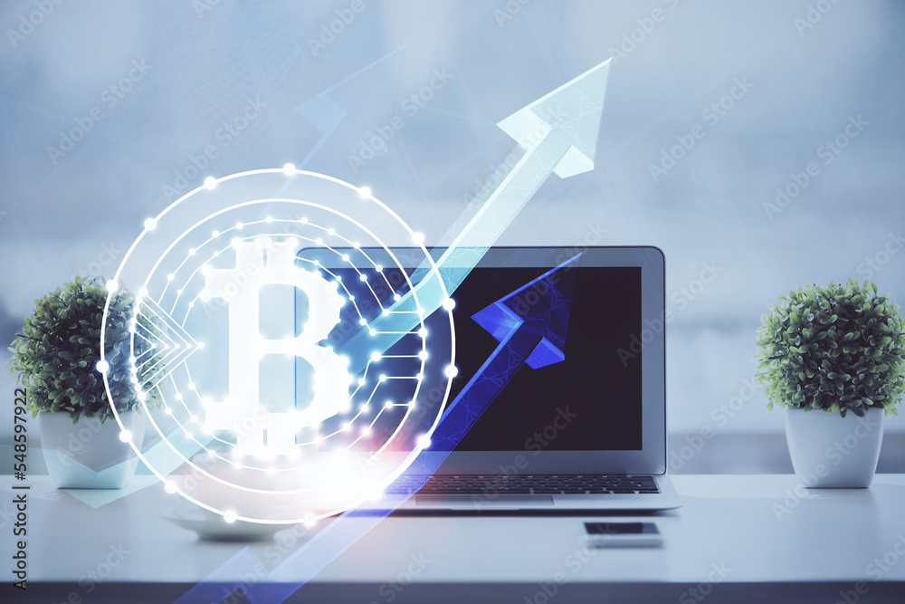 Aufkleber double exposure of blockchain and crypto economy theme hologram and table with computer background. 