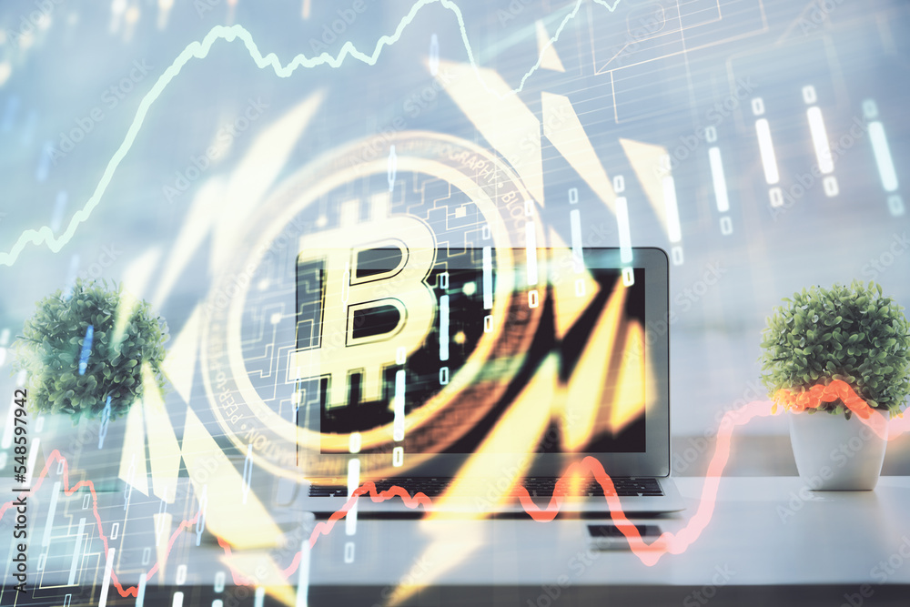 Poster Double exposure of blockchain and crypto economy theme hologram and table with computer background. Concept of bitcoin cryptocurrency.