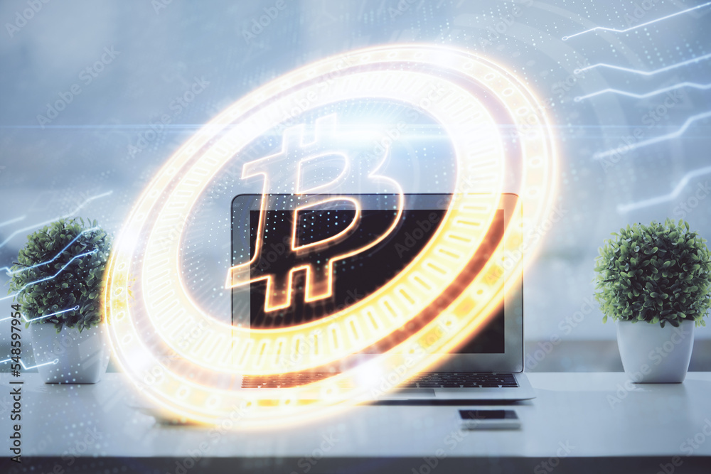 Poster double exposure of blockchain and crypto economy theme hologram and table with computer background. 