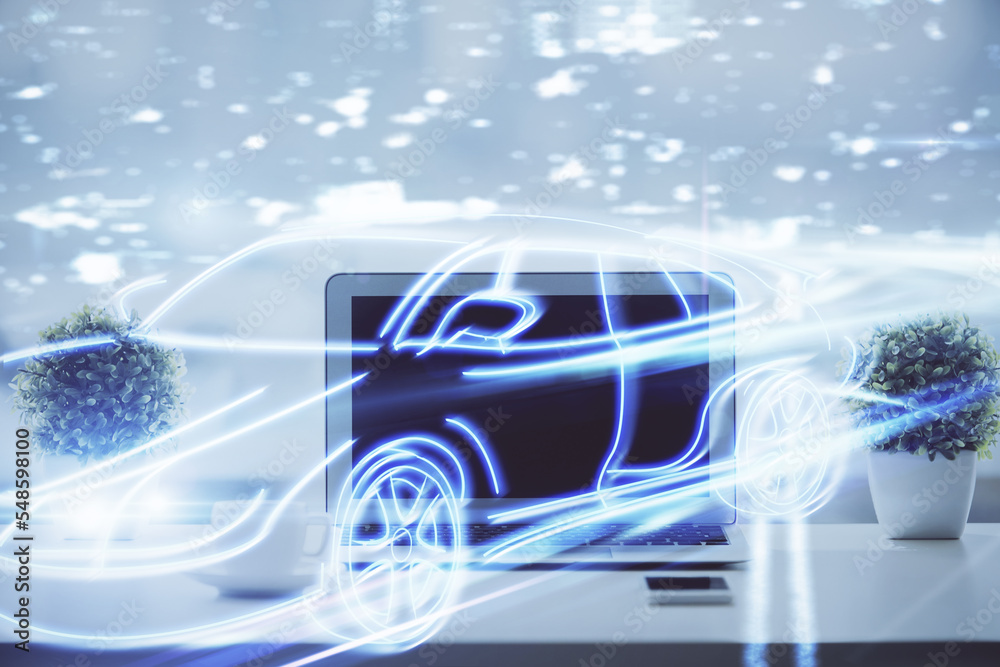 Poster Desktop computer background in office with automobile hologram drawing. Multi exposure. Tech concept.