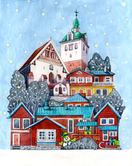Watercolor illustrations with elements. Winter in a town. 
