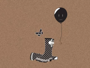 Tapeten Kinderlaarsjes met vlinder en ballon rouwkaart. Children's boots with butterfly and balloon funeral card © Patricia