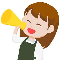 シンプルな主線なしのイラスト / メガホンを持っているエプロンの女性