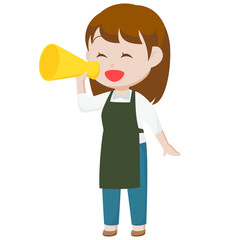 シンプルな主線なしのイラスト / メガホンで話しかけるエプロンの女性