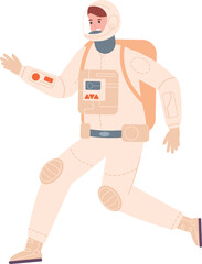 Running female astronaut. Smiling space explorer character