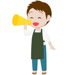 シンプルな主線なしのイラスト / メガホンで話しかけるエプロンの男性