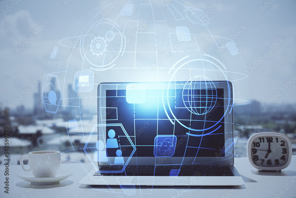 Poster computer on desktop with social network hologram. double exposure. concept of international people c