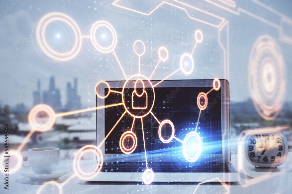 Poster computer on desktop with social network hologram. double exposure. concept of international people c