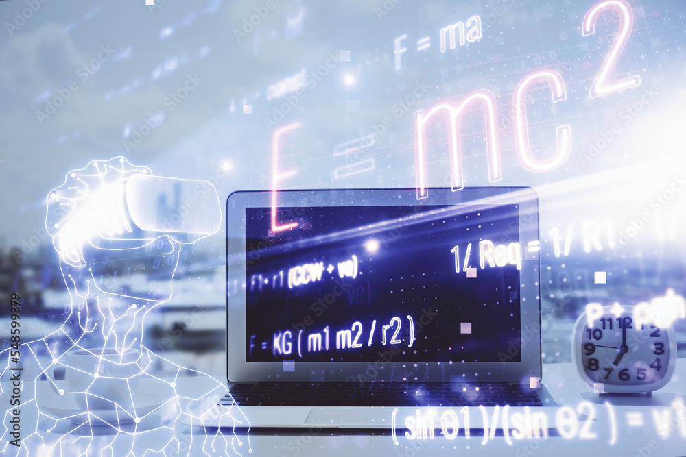 Poster desktop computer background and formula hologram writing. double exposure. education concept.