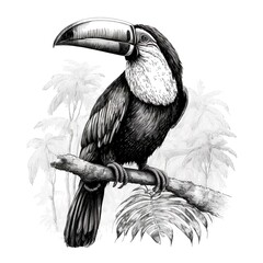 hand draw tucan or toucan bird illustration. black and white color. isolated in white background