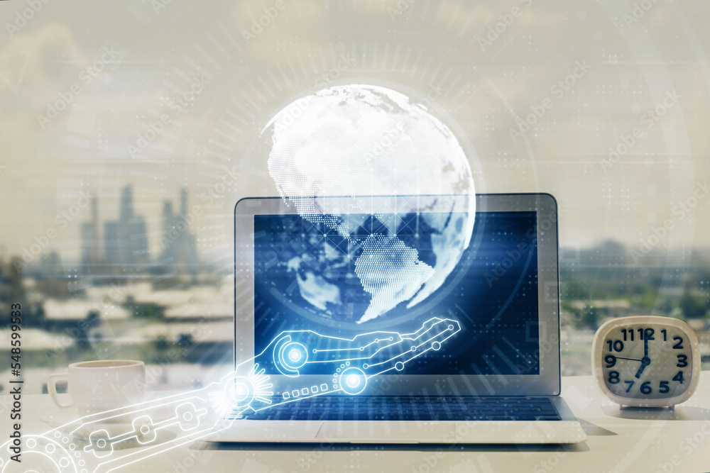 Poster Double exposure of desktop with computer and world map hologram. International data network concept.