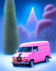 cute little van, caravan, santa car, christmas atmosphere, new year postcard